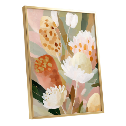 Petal Tapestry, pink, white, green floral wall art shown as a gold framed poster wall art print