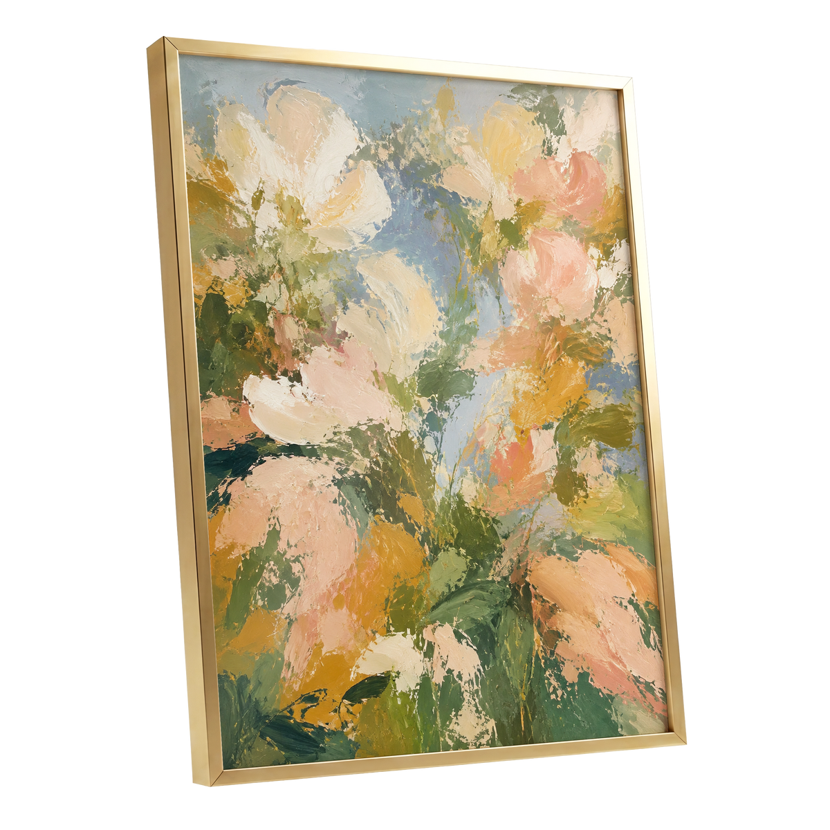 Petal Tapestry, green, pink, beige floral wall art shown as a gold framed poster wall art print
