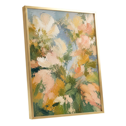 Petal Tapestry, green, pink, beige floral wall art shown as a gold framed poster wall art print