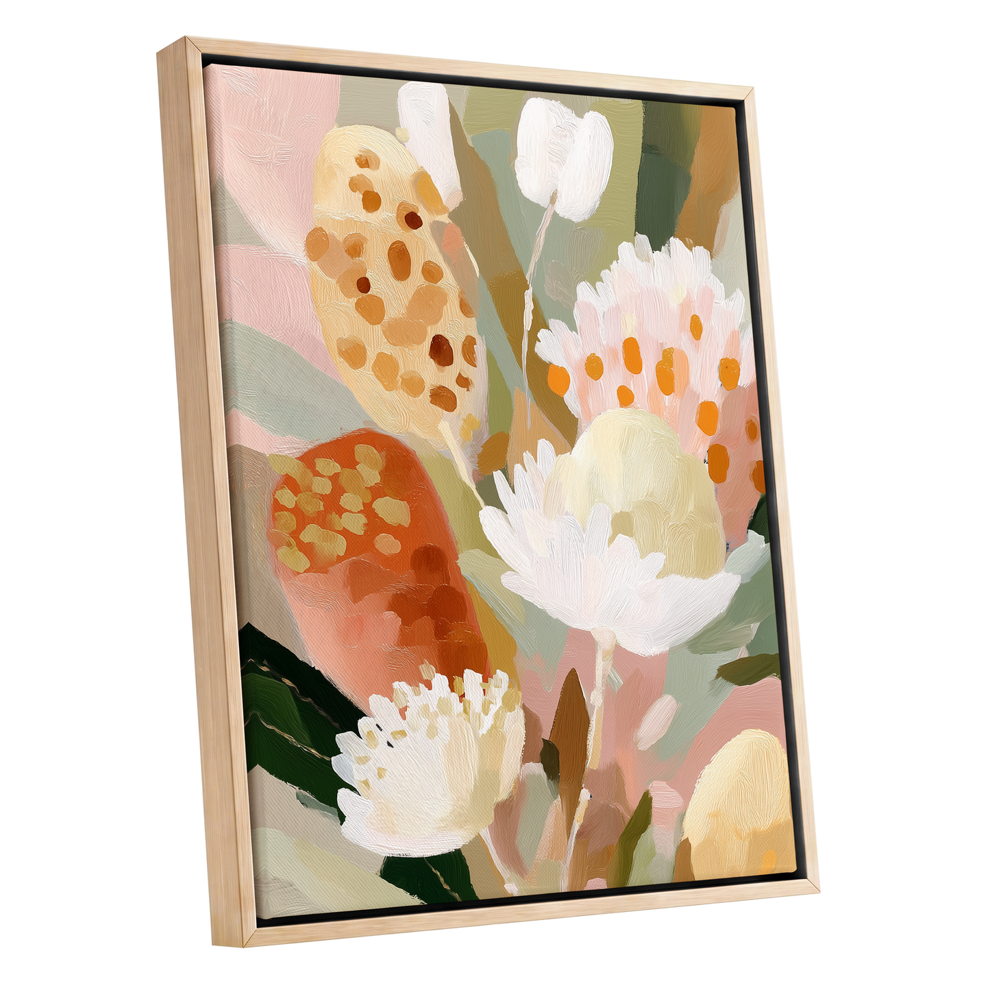 Petal Tapestry, pink, white, green floral wall art shown as a oak framed canvas wall art