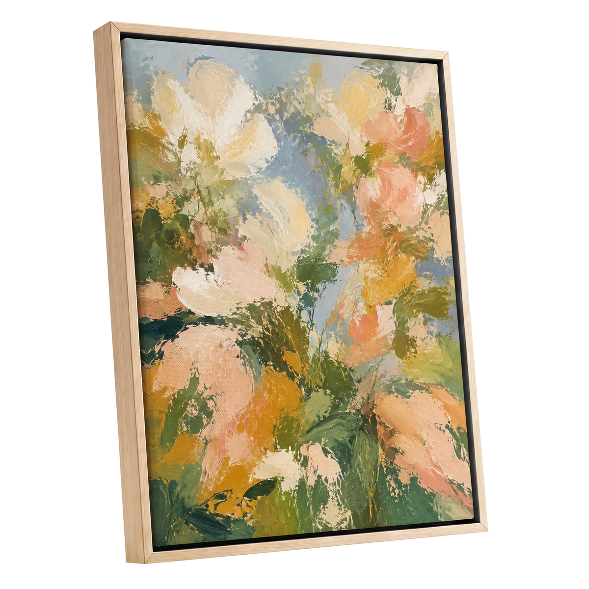 Petal Tapestry, green, pink, beige floral wall art shown as a oak framed canvas wall art