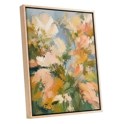 Petal Tapestry, green, pink, beige floral wall art shown as a oak framed canvas wall art