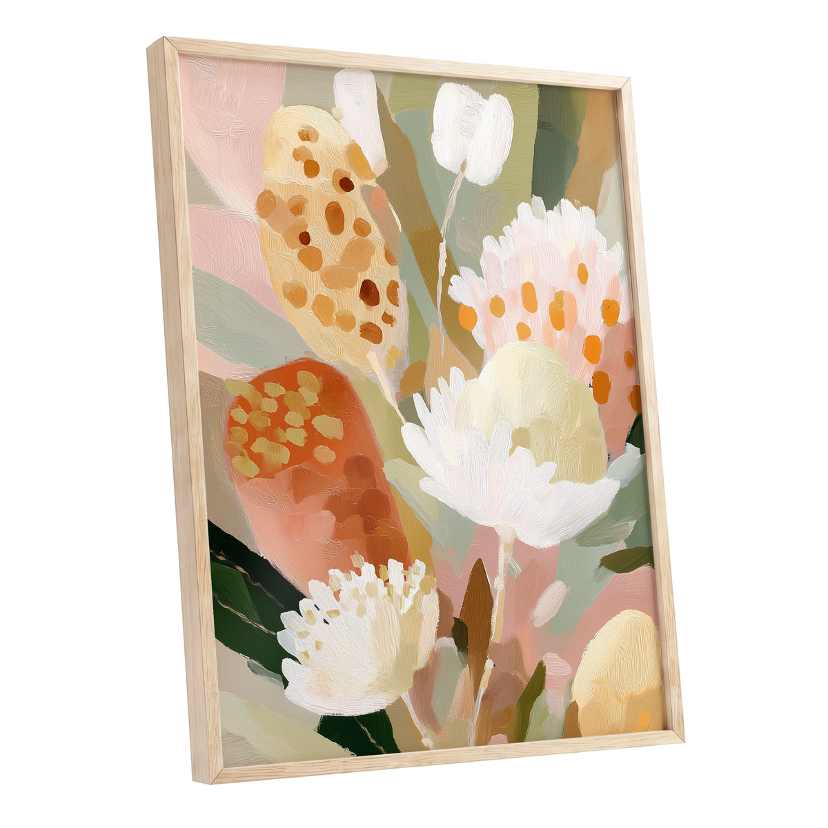 Petal Tapestry, pink, white, green floral wall art shown as a oak framed poster wall art print