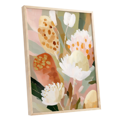 Petal Tapestry, pink, white, green floral wall art shown as a oak framed poster wall art print