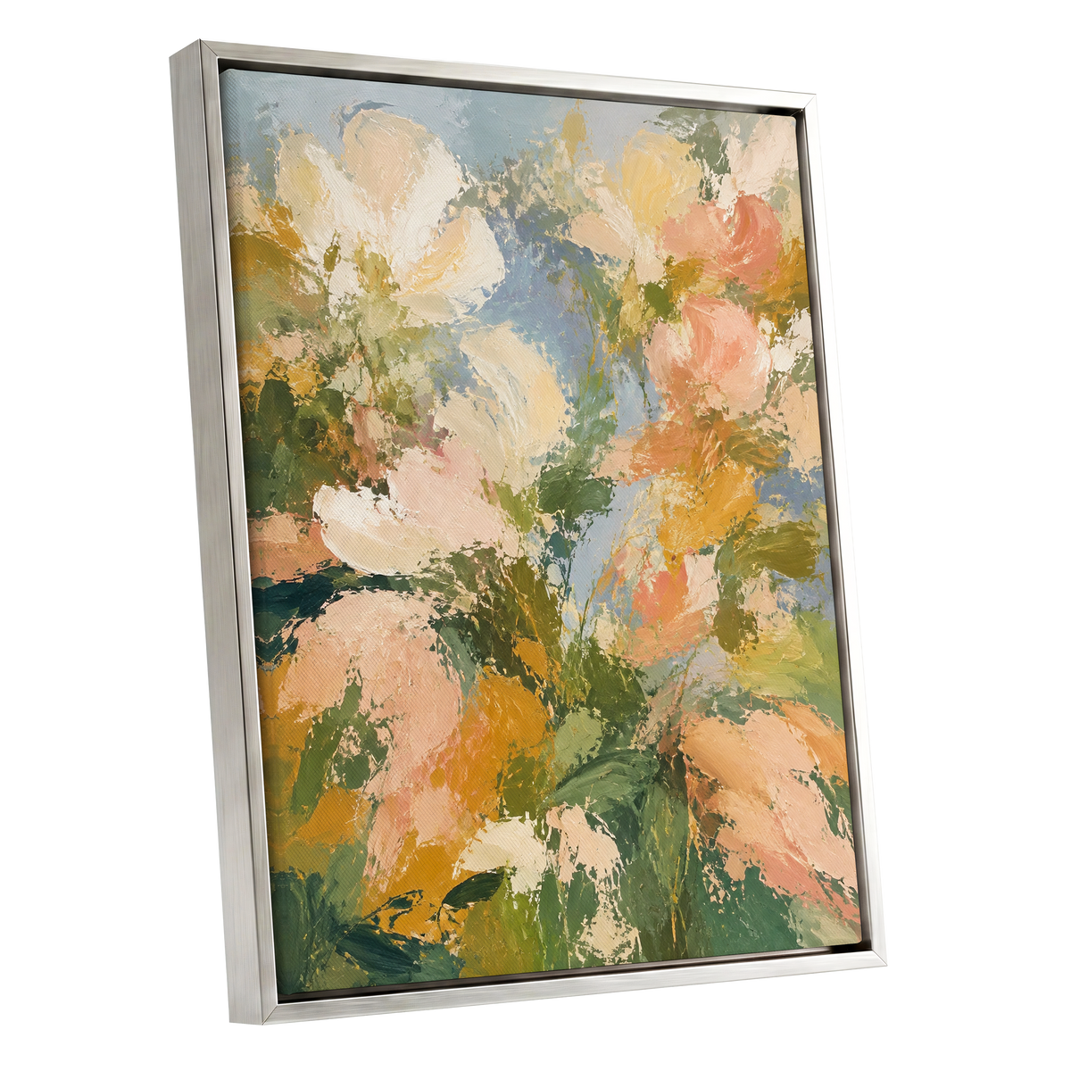 Petal Tapestry, green, pink, beige floral wall art shown as a silver framed canvas wall art