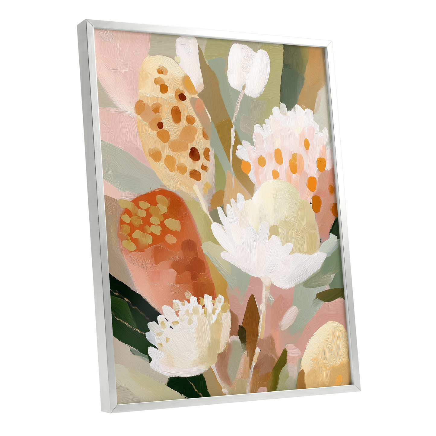 Petal Tapestry, pink, white, green floral wall art shown as a silver framed poster wall art print