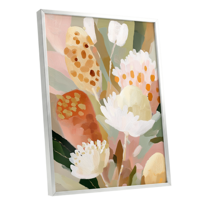 Petal Tapestry, pink, white, green floral wall art shown as a silver framed poster wall art print