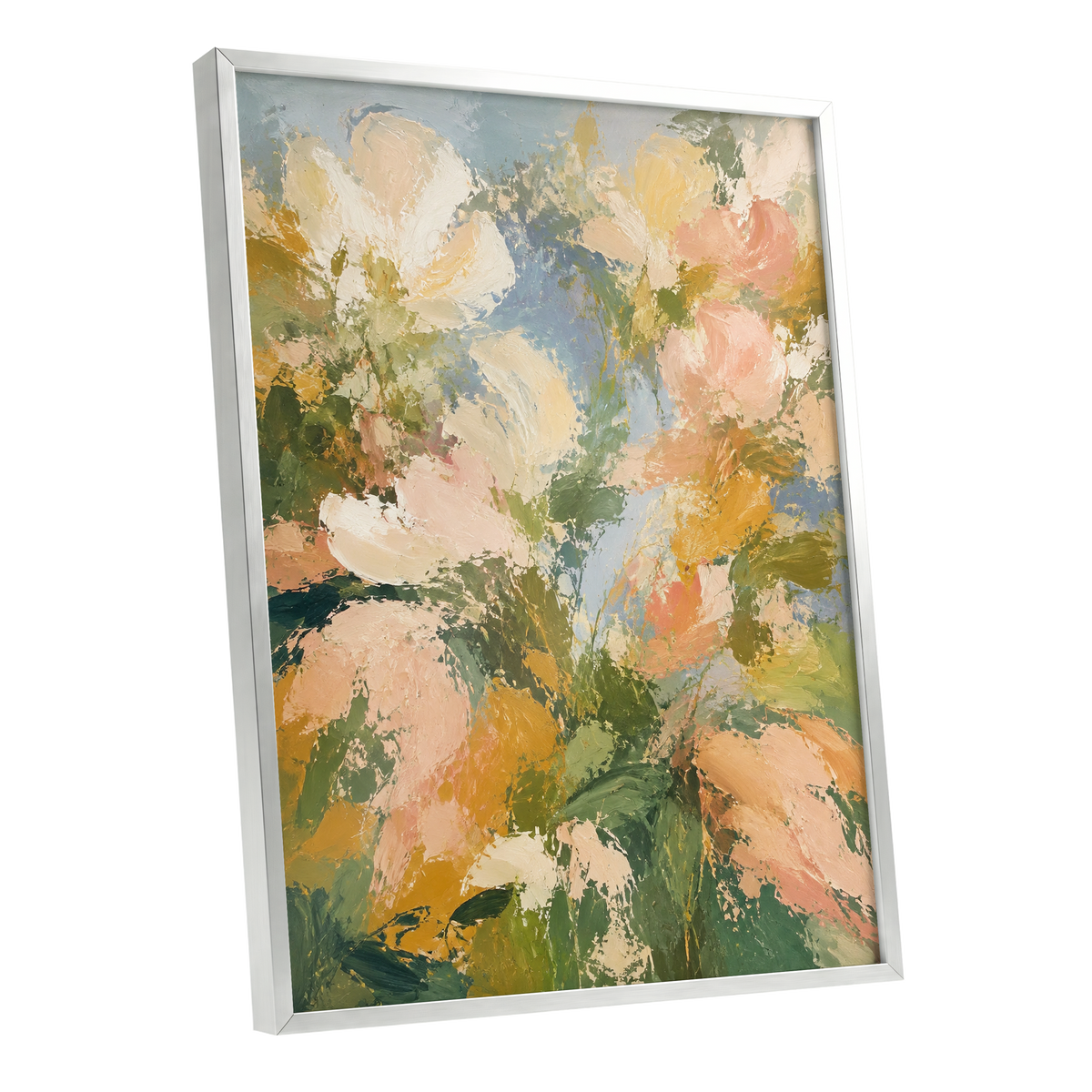 Petal Tapestry, green, pink, beige floral wall art shown as a silver framed poster wall art print