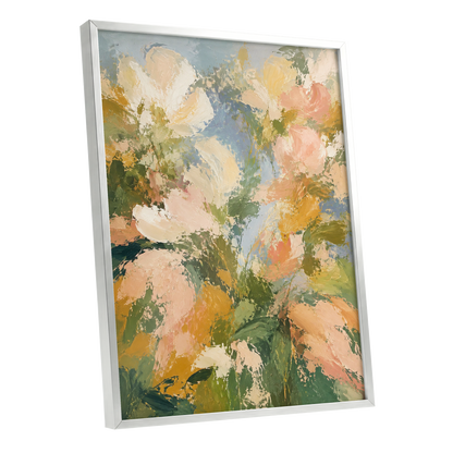 Petal Tapestry, green, pink, beige floral wall art shown as a silver framed poster wall art print