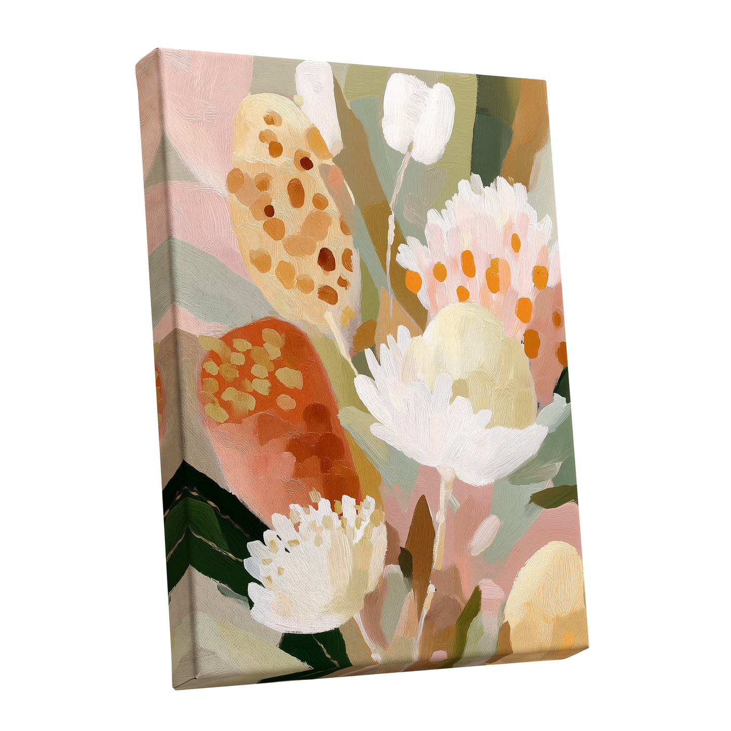 Petal Tapestry, pink, white, green floral wall art shown as a stretched canvas wall art