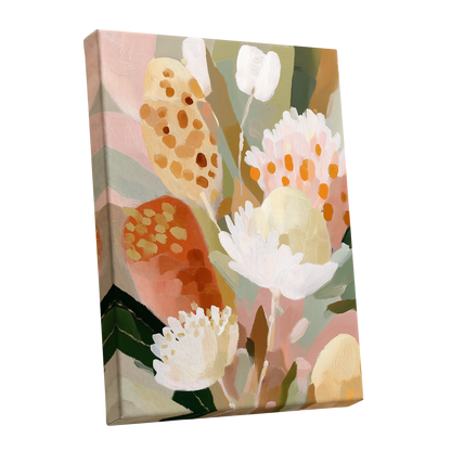 Petal Tapestry, pink, white, green floral wall art shown as a stretched canvas wall art