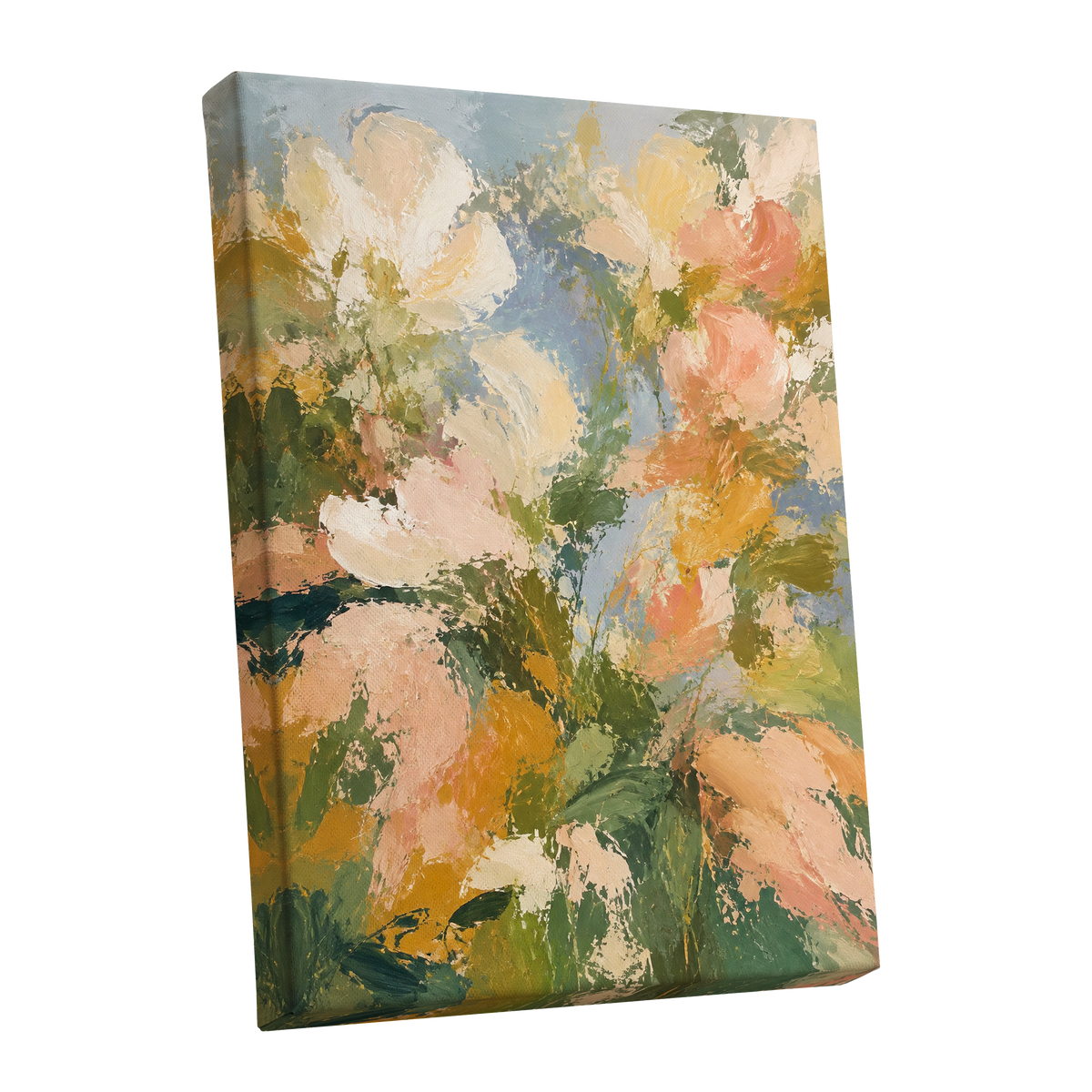 Petal Tapestry, green, pink, beige floral wall art shown as a stretched canvas wall art