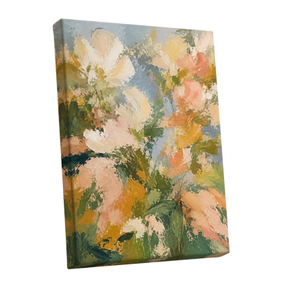 Petal Tapestry, green, pink, beige floral wall art shown as a stretched canvas wall art