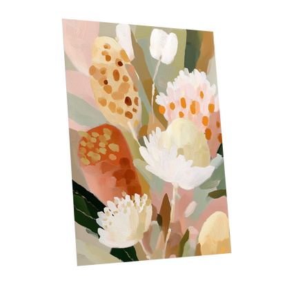 Petal Tapestry, pink, white, green floral wall art shown as a unframed poster wall art print