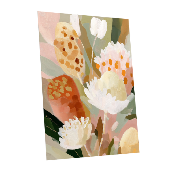 Petal Tapestry, pink, white, green floral wall art shown as a unframed poster wall art print