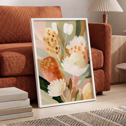 Petal Tapestry, pink, white, green floral wall art displayed in a styled interior, gallery view 2