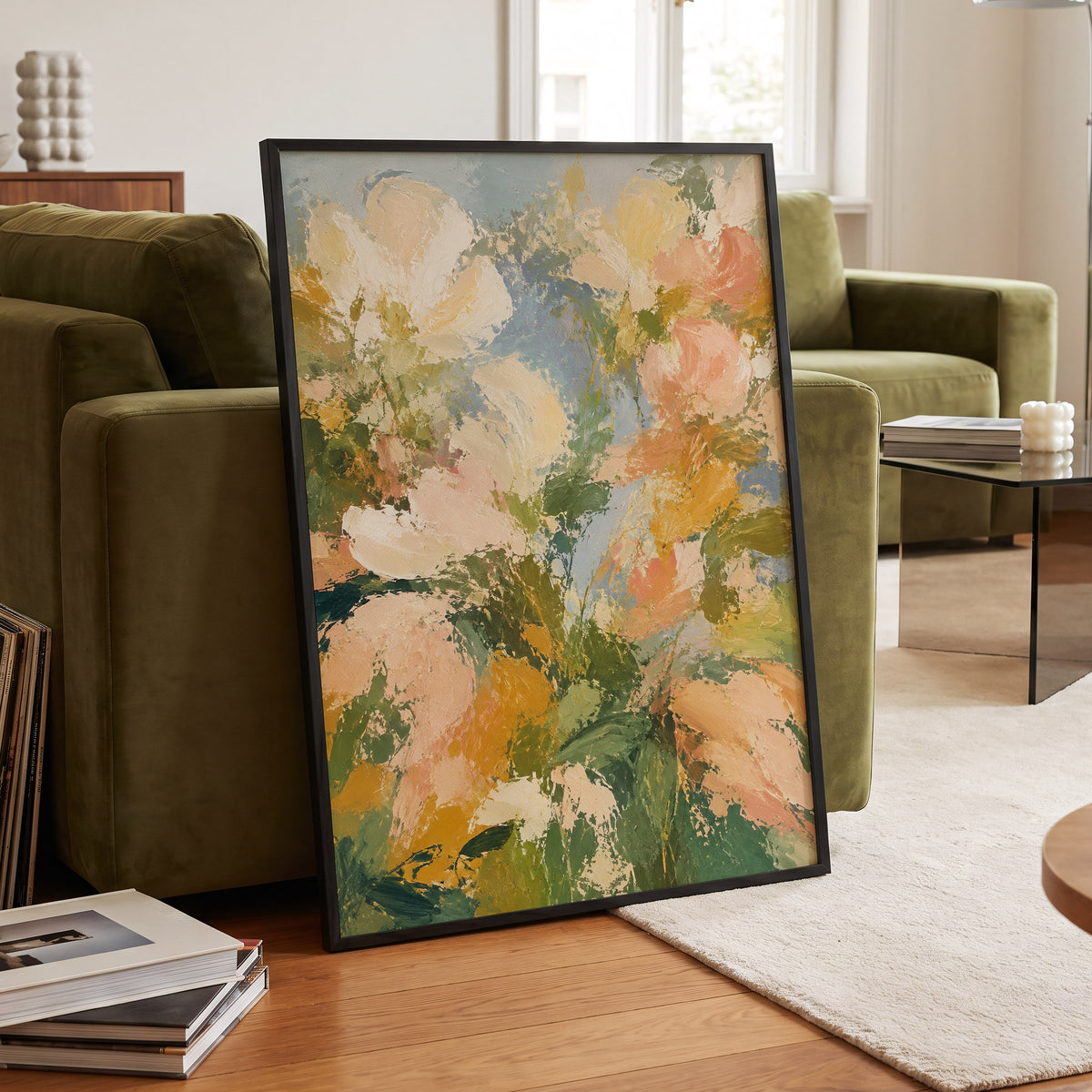 Petal Tapestry, green, pink, beige floral wall art displayed in a styled interior, gallery view 2