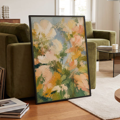 Petal Tapestry, green, pink, beige floral wall art displayed in a styled interior, gallery view 2