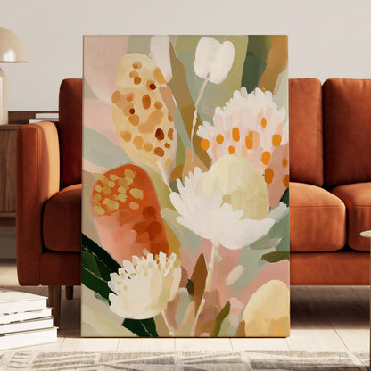 Petal Tapestry, pink, white, green floral wall art displayed in a styled interior, gallery view 3
