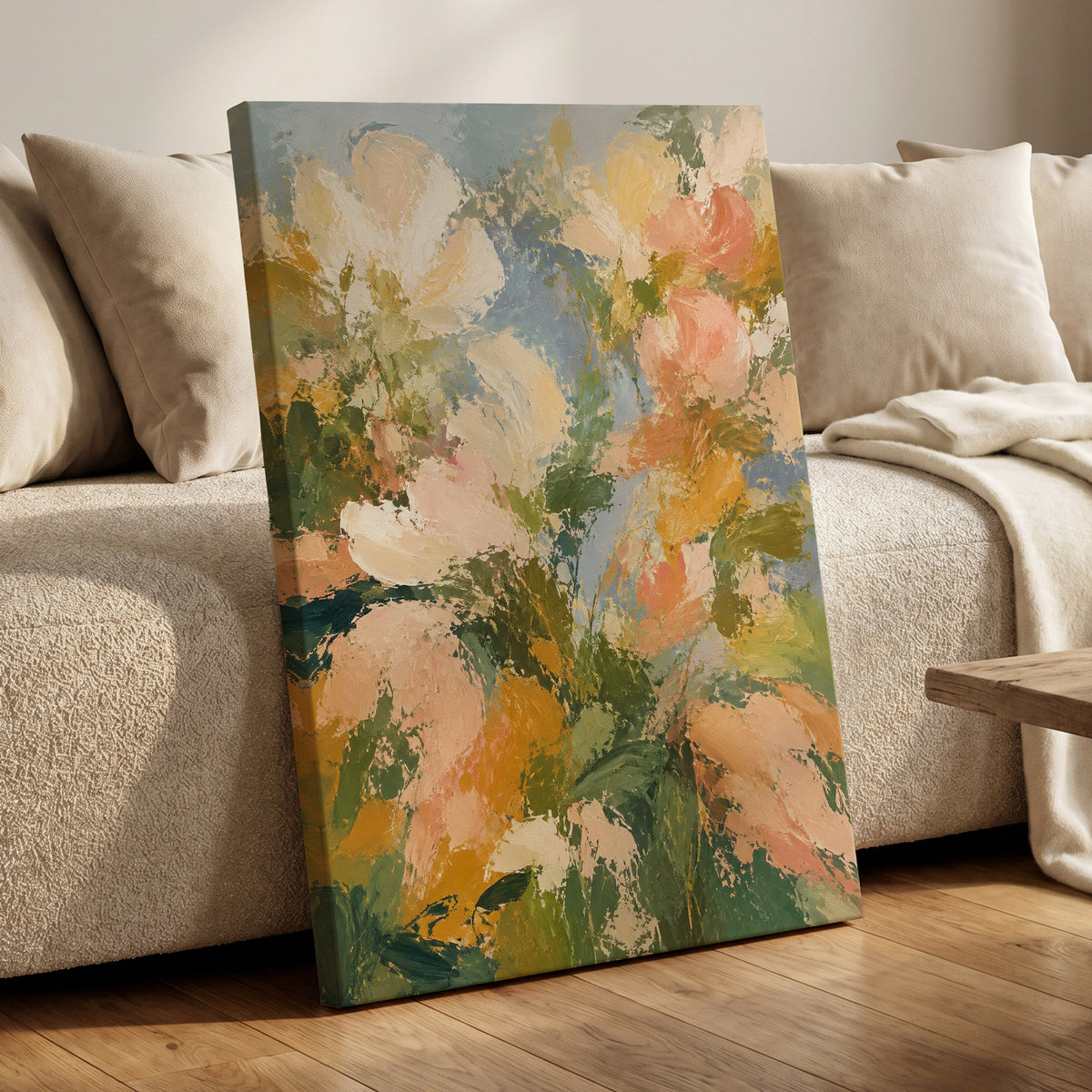 Petal Tapestry, green, pink, beige floral wall art displayed in a styled interior, gallery view 3