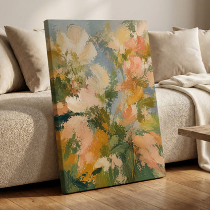 Petal Tapestry, green, pink, beige floral wall art displayed in a styled interior, gallery view 3
