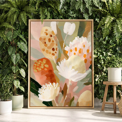 Petal Tapestry, pink, white, green floral wall art displayed in a styled interior, gallery view 4