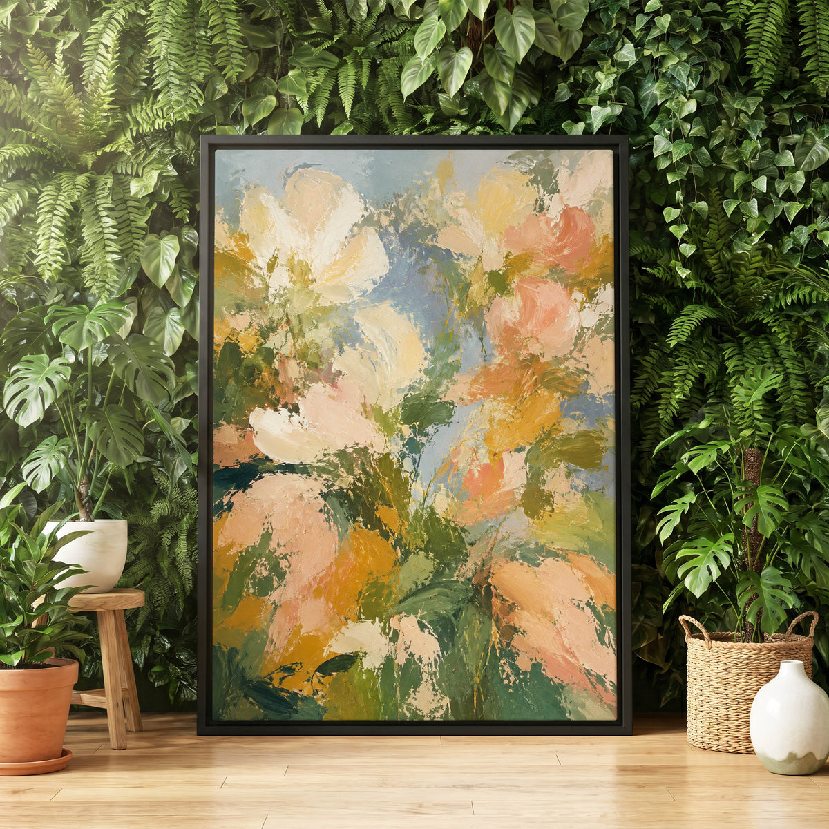 Petal Tapestry, green, pink, beige floral wall art displayed in a styled interior, gallery view 4