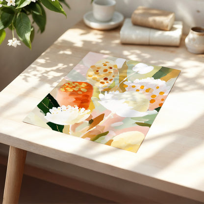 Petal Tapestry, pink, white, green floral wall art displayed in a styled interior, gallery view 5