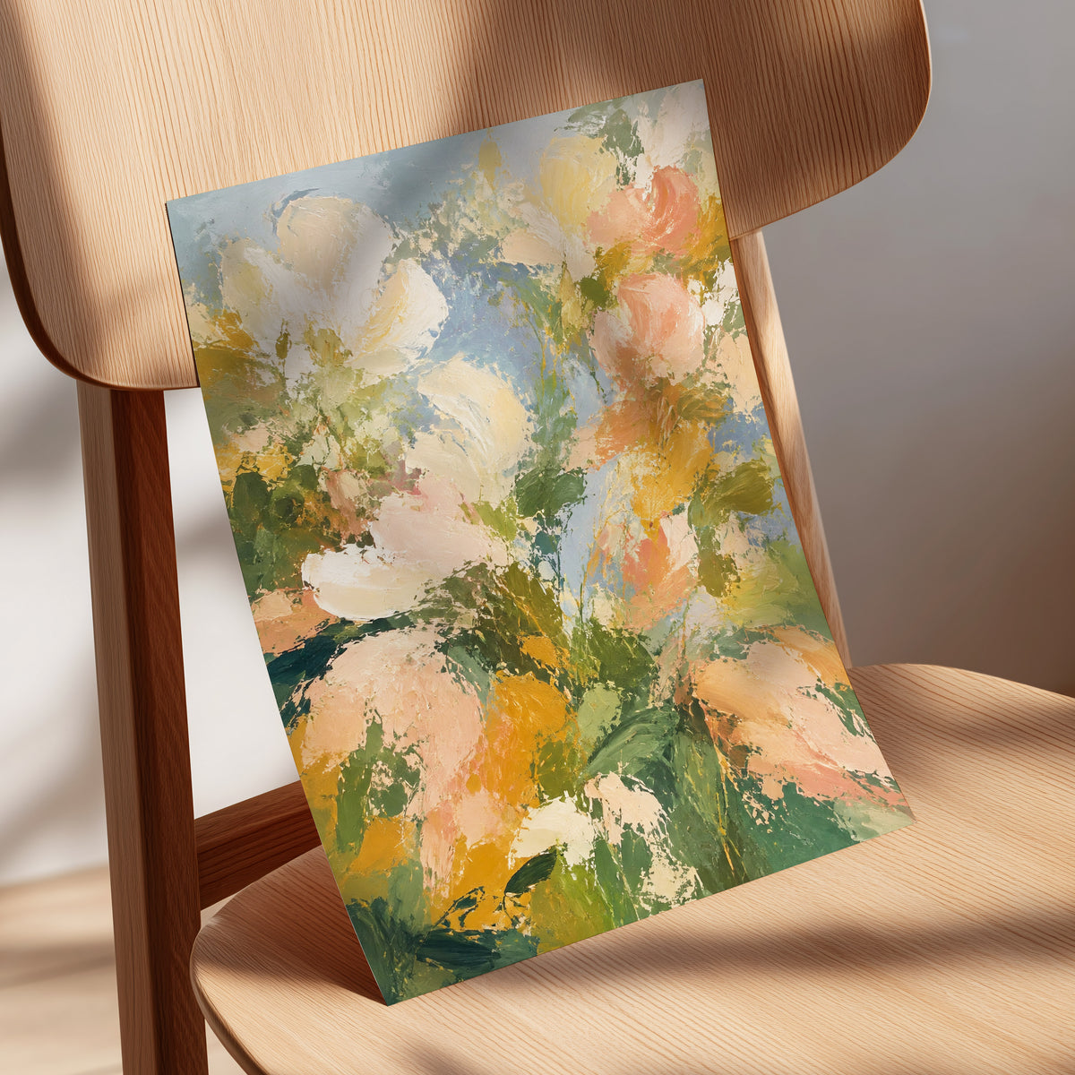 Petal Tapestry, green, pink, beige floral wall art displayed in a styled interior, gallery view 5