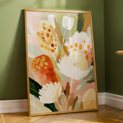 Petal Tapestry, pink, white, green floral wall art displayed in a styled interior, gallery view 6