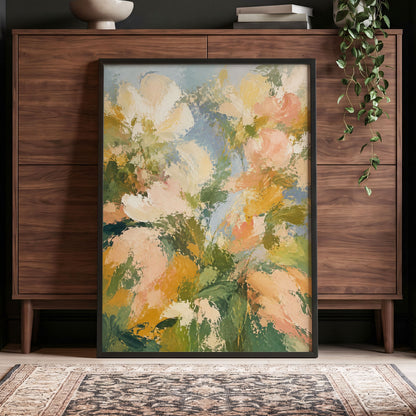 Petal Tapestry, green, pink, beige floral wall art displayed in a styled interior, gallery view 6