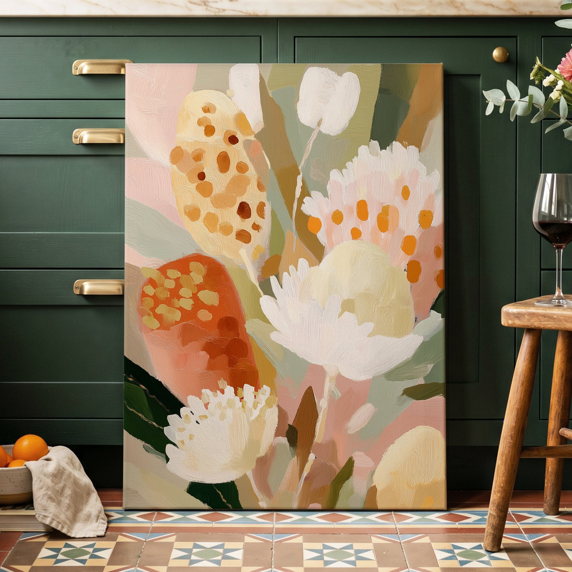 Petal Tapestry, pink, white, green floral wall art displayed in a styled interior, gallery view 7