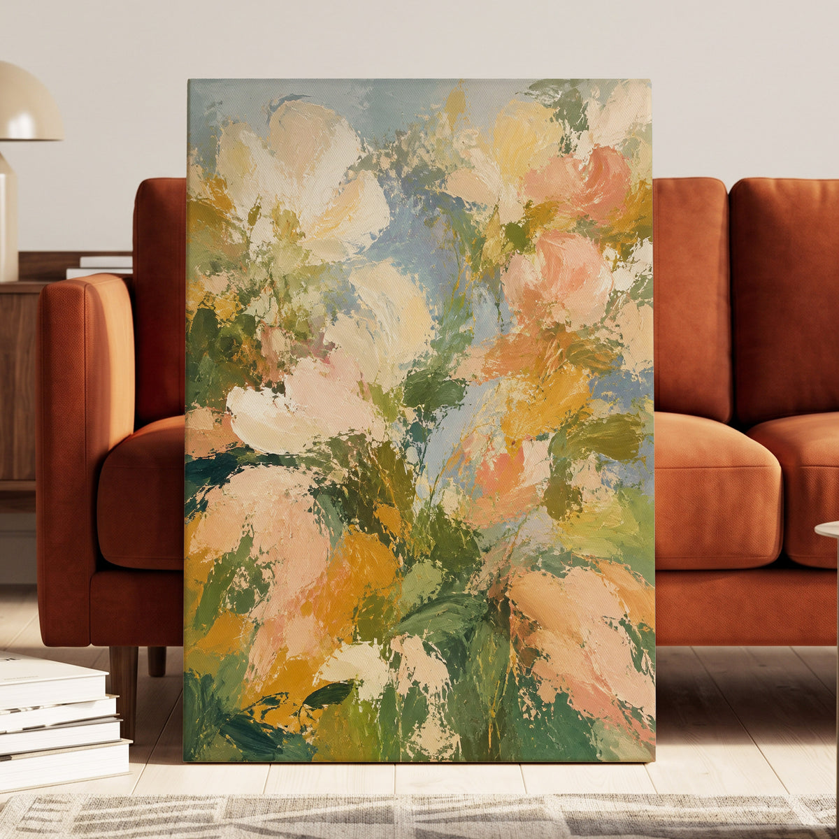 Petal Tapestry, green, pink, beige floral wall art displayed in a styled interior, gallery view 7