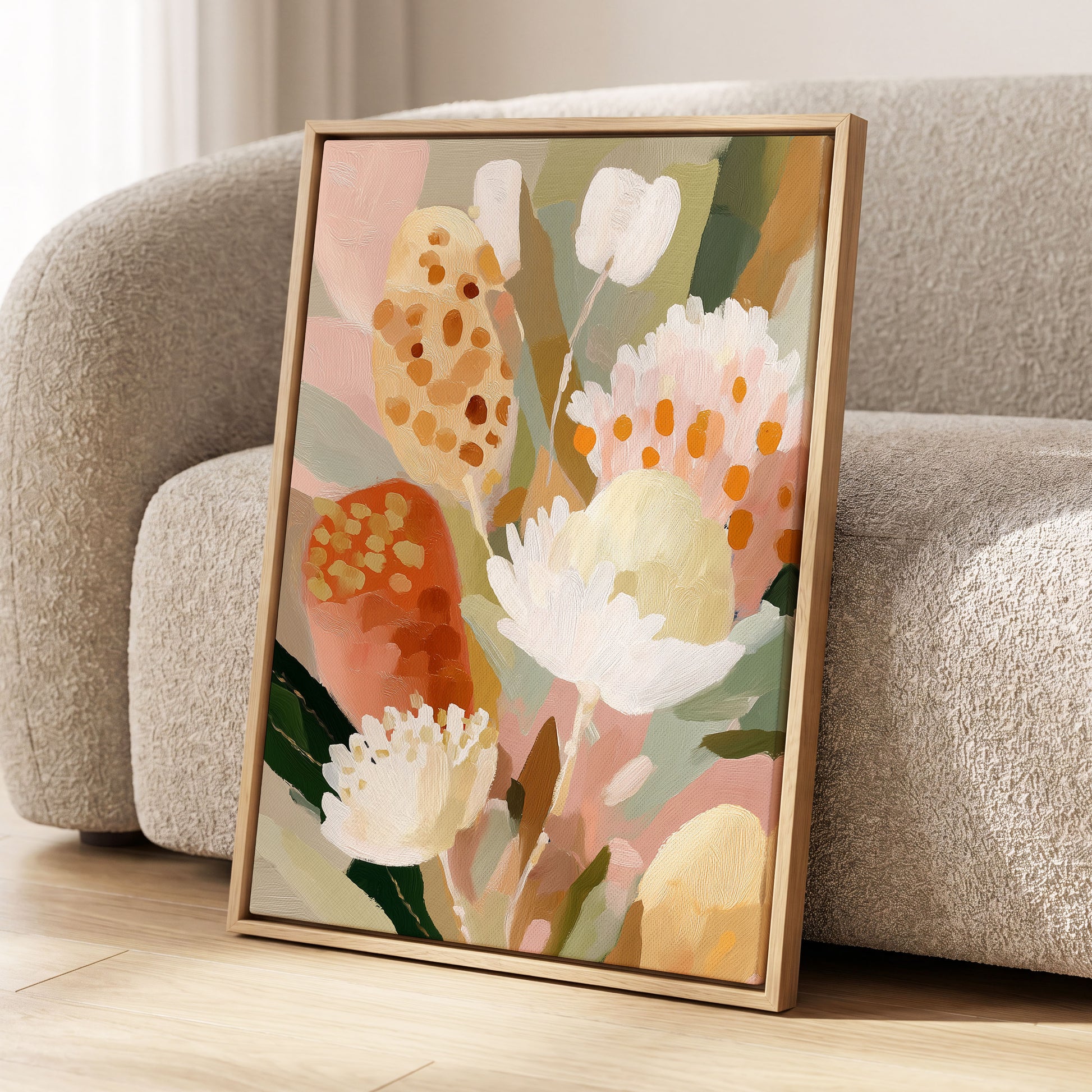 Petal Tapestry, pink, white, green floral wall art displayed in a styled interior, gallery view 8