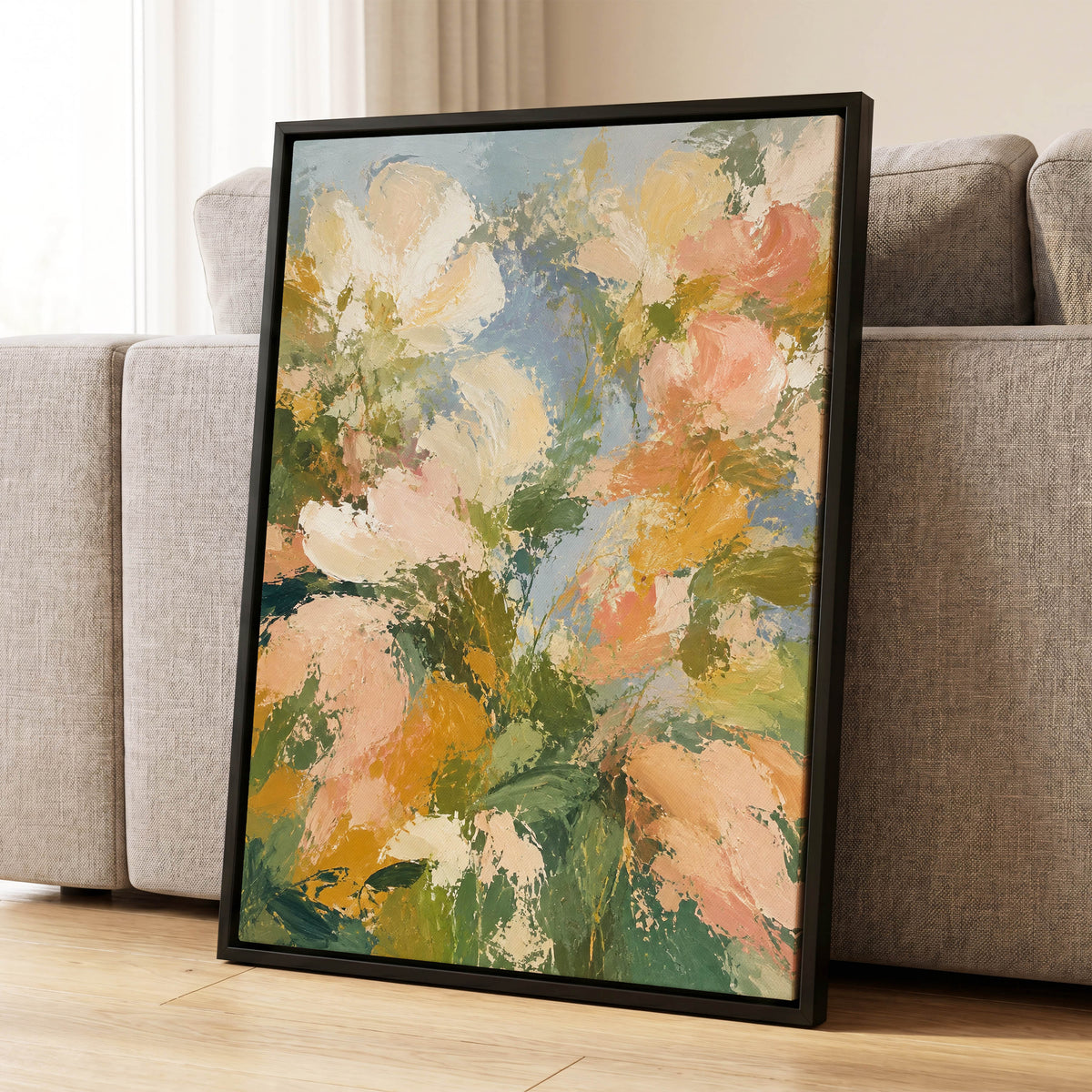 Petal Tapestry, green, pink, beige floral wall art displayed in a styled interior, gallery view 8