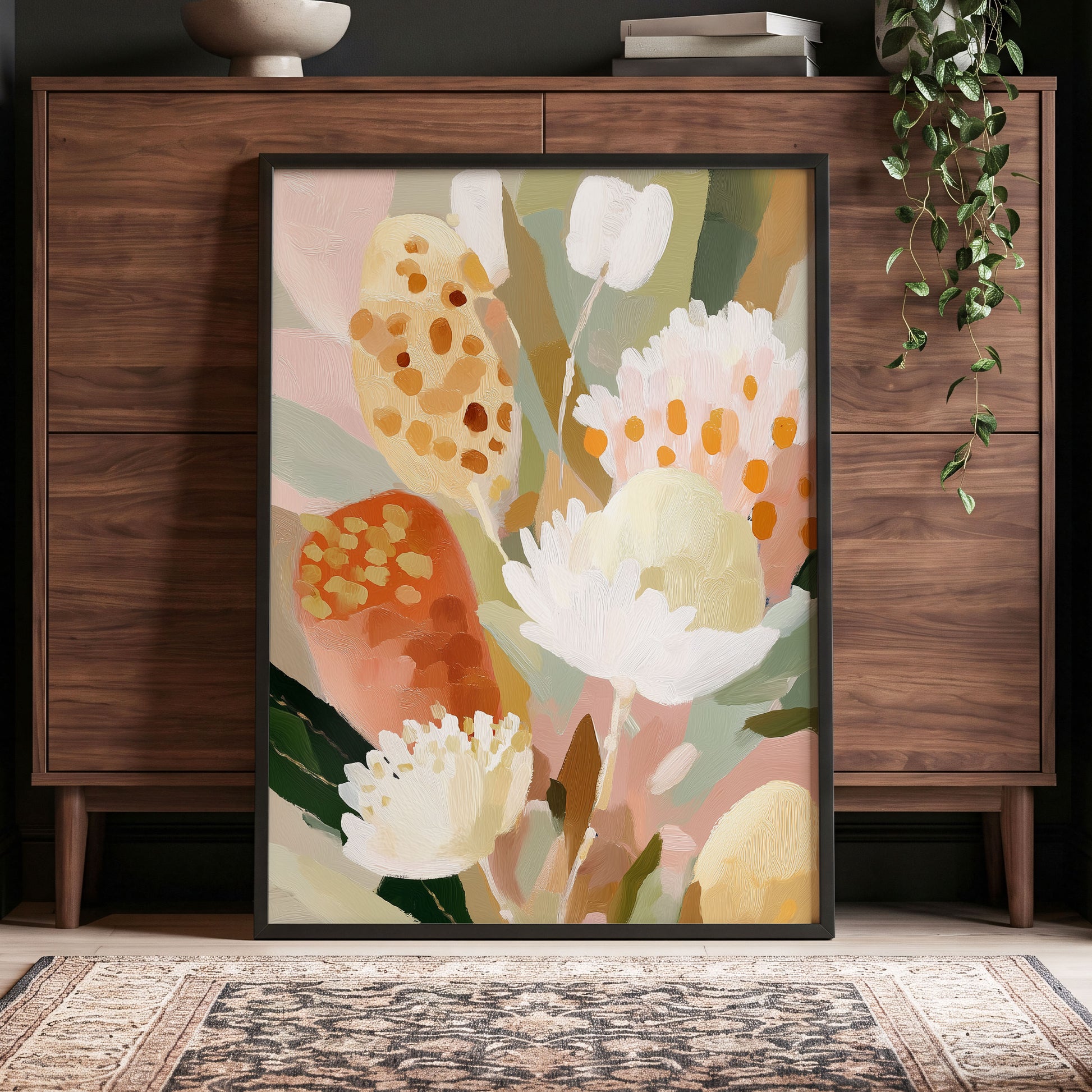 Petal Tapestry, pink, white, green floral wall art displayed in a styled interior, gallery view 9