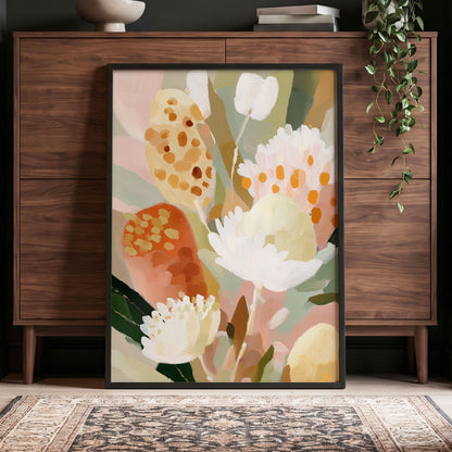 Petal Tapestry, pink, white, green floral wall art displayed in a styled interior, gallery view 9