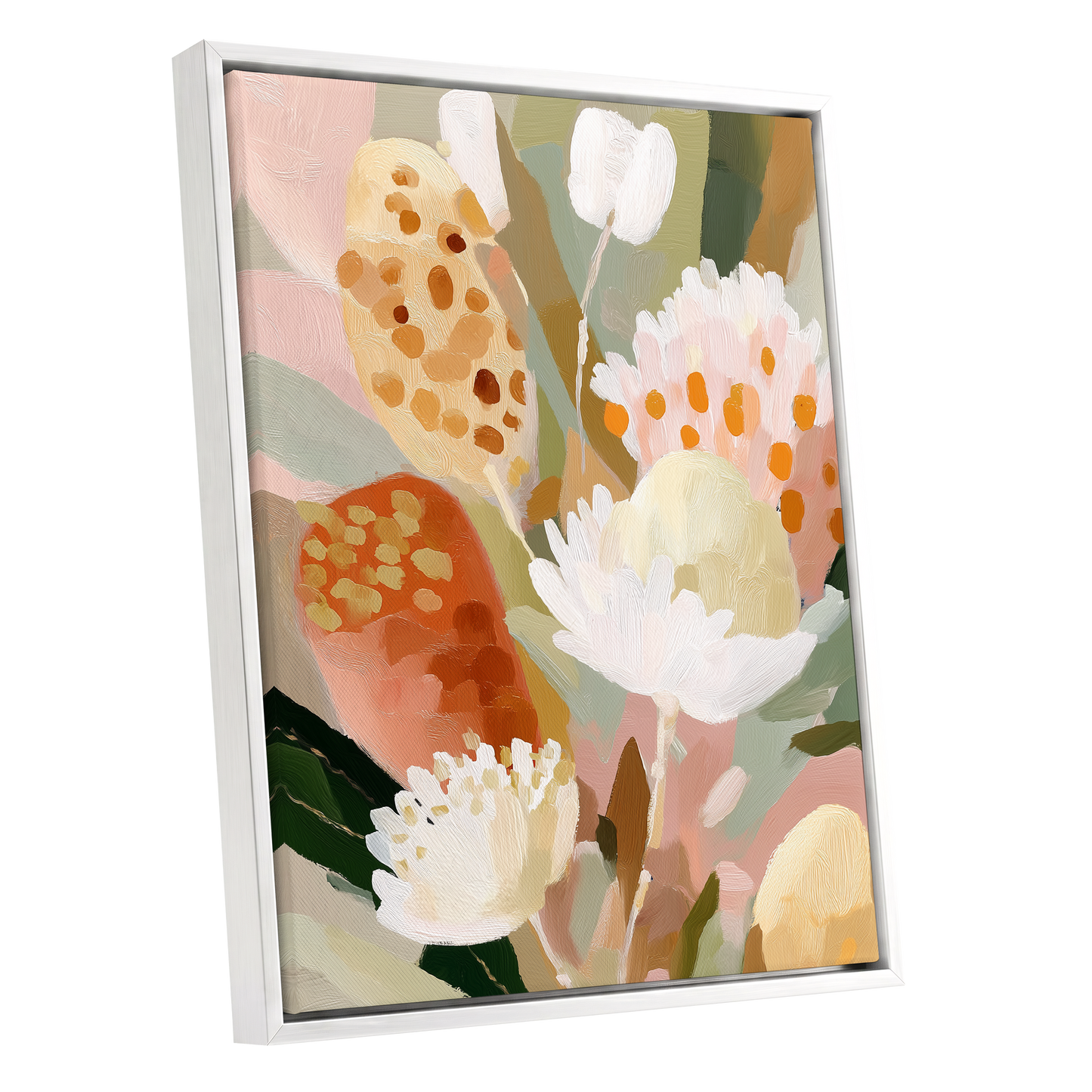 Petal Tapestry, pink, white, green floral wall art shown as a white framed canvas wall art