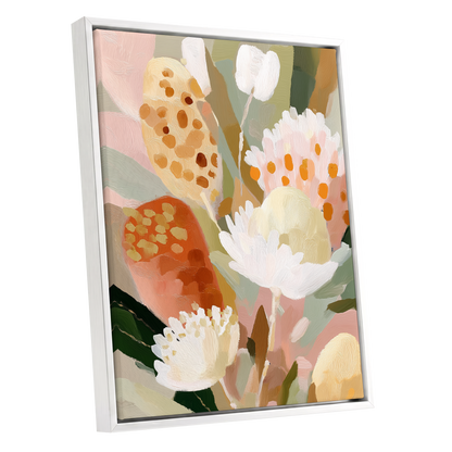 Petal Tapestry, pink, white, green floral wall art shown as a white framed canvas wall art