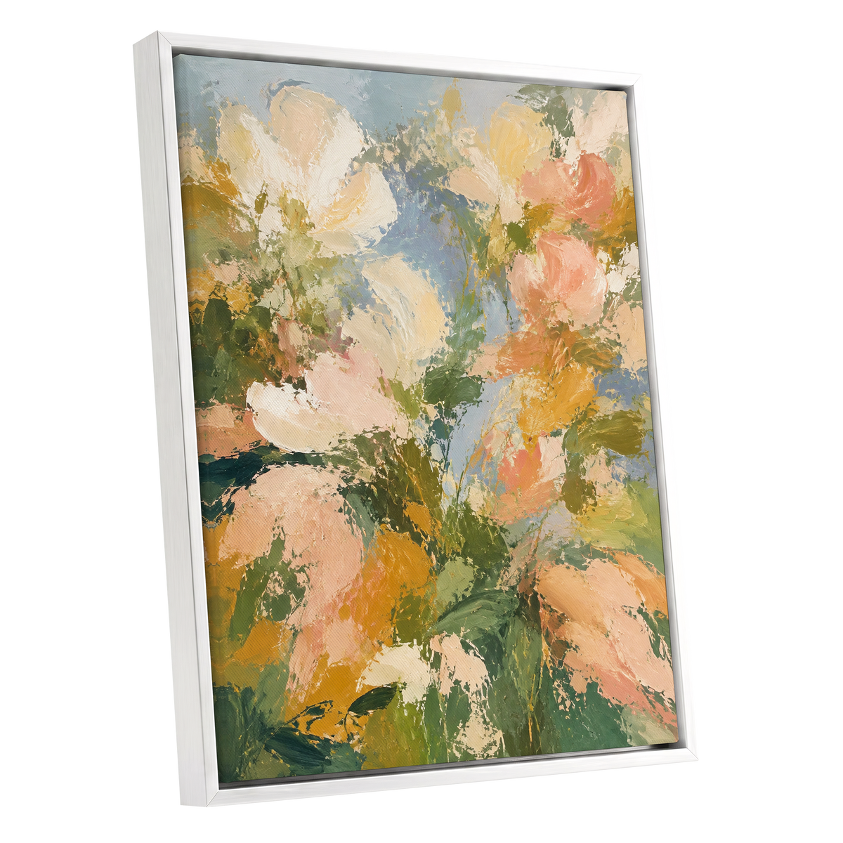 Petal Tapestry, green, pink, beige floral wall art shown as a white framed canvas wall art