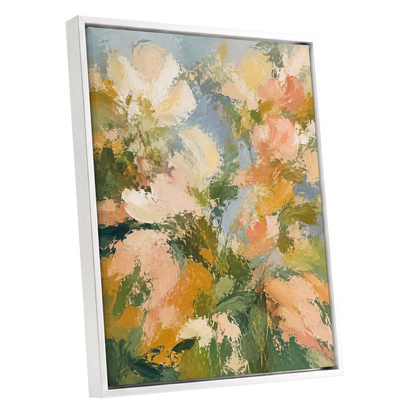 Petal Tapestry, green, pink, beige floral wall art shown as a white framed canvas wall art