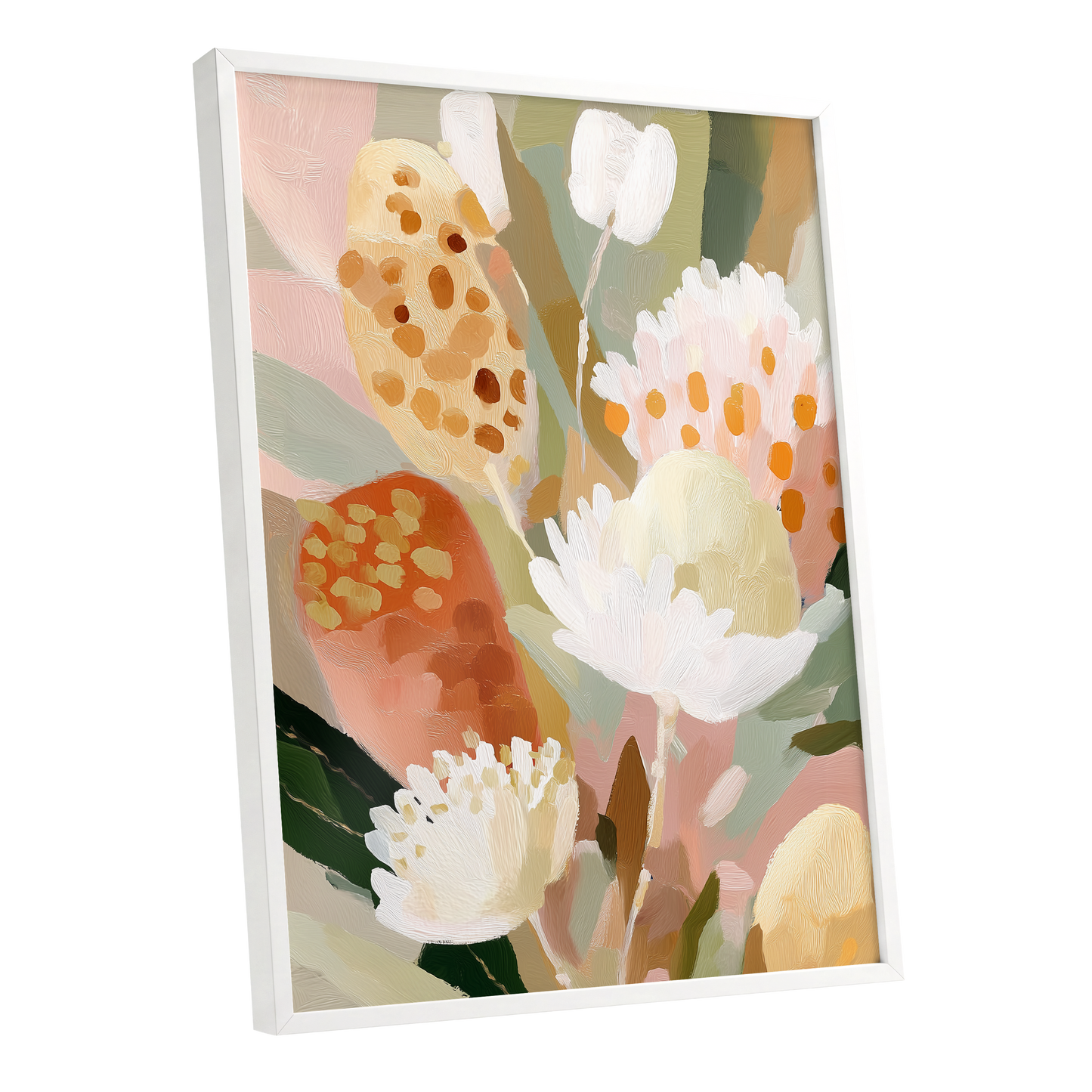 Petal Tapestry, pink, white, green floral wall art shown as a white framed poster wall art print