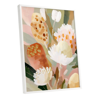 Petal Tapestry, pink, white, green floral wall art shown as a white framed poster wall art print