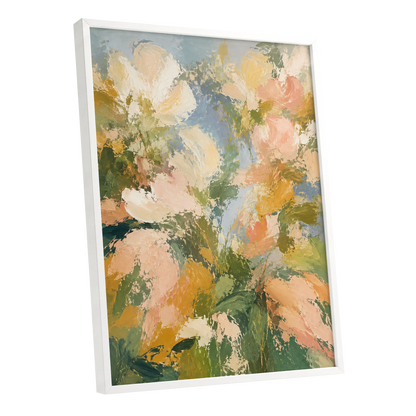 Petal Tapestry, green, pink, beige floral wall art shown as a white framed poster wall art print