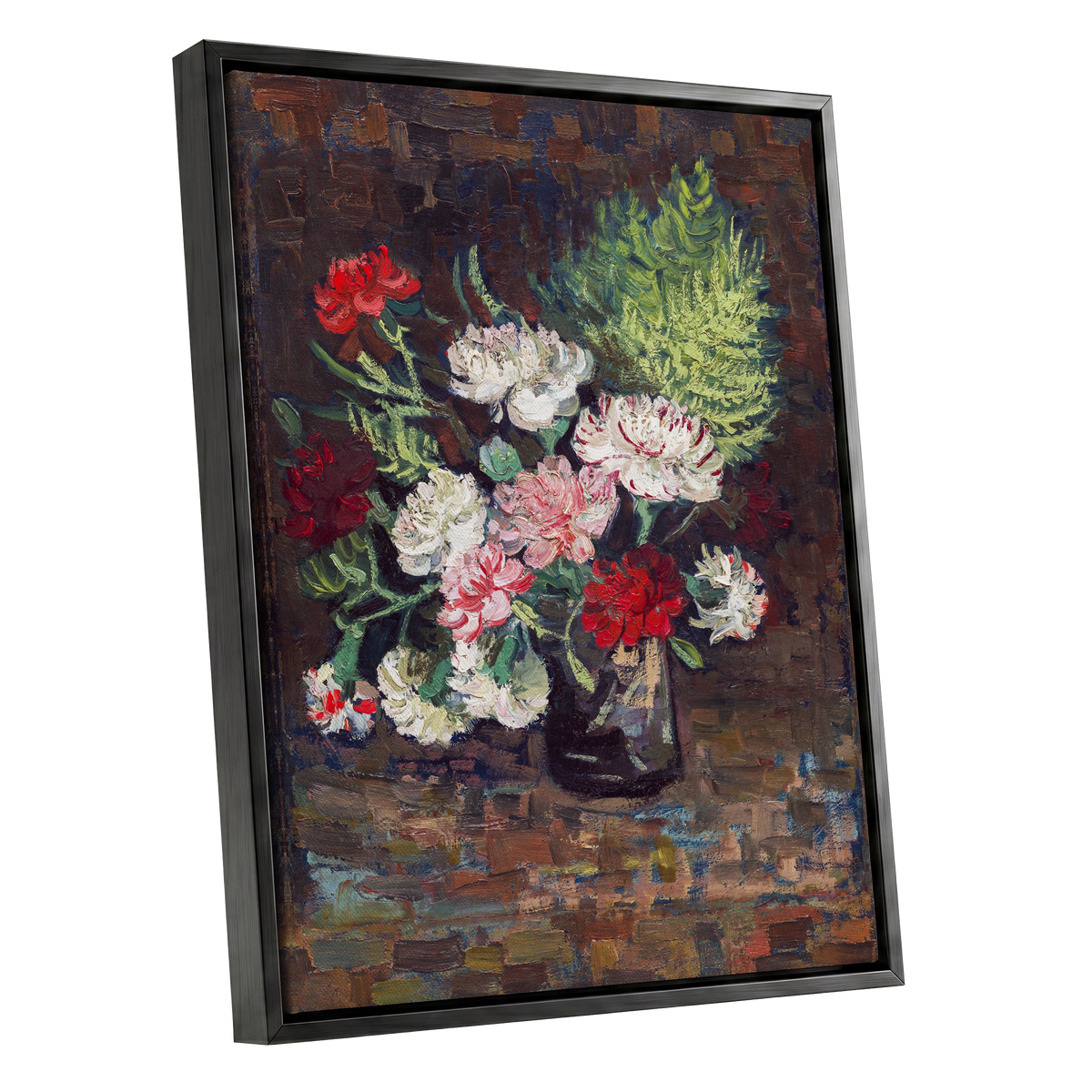 Petals After Dusk, brown, green, red floral wall art shown as a black framed canvas wall art