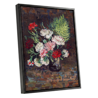 Petals After Dusk, brown, green, red floral wall art shown as a black framed canvas wall art