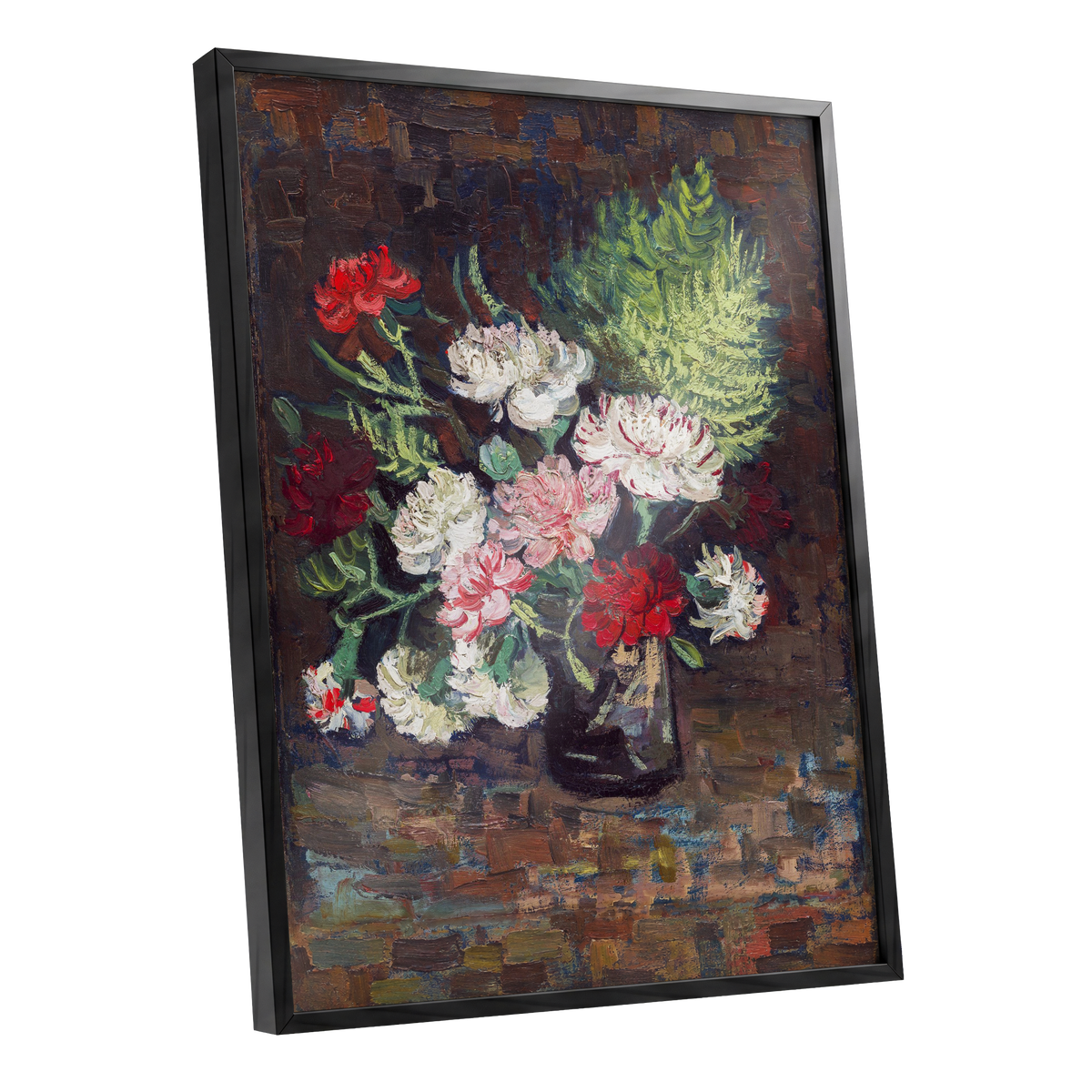 Petals After Dusk, brown, green, red floral wall art shown as a black framed poster wall art print