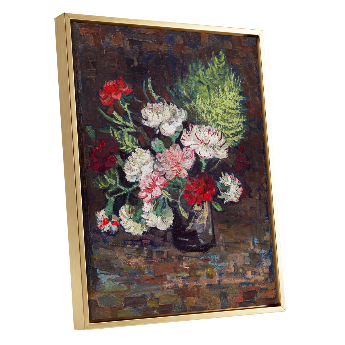 Petals After Dusk, brown, green, red floral wall art shown as a gold framed canvas wall art