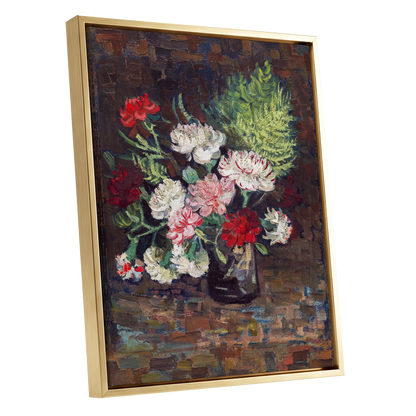 Petals After Dusk, brown, green, red floral wall art shown as a gold framed canvas wall art