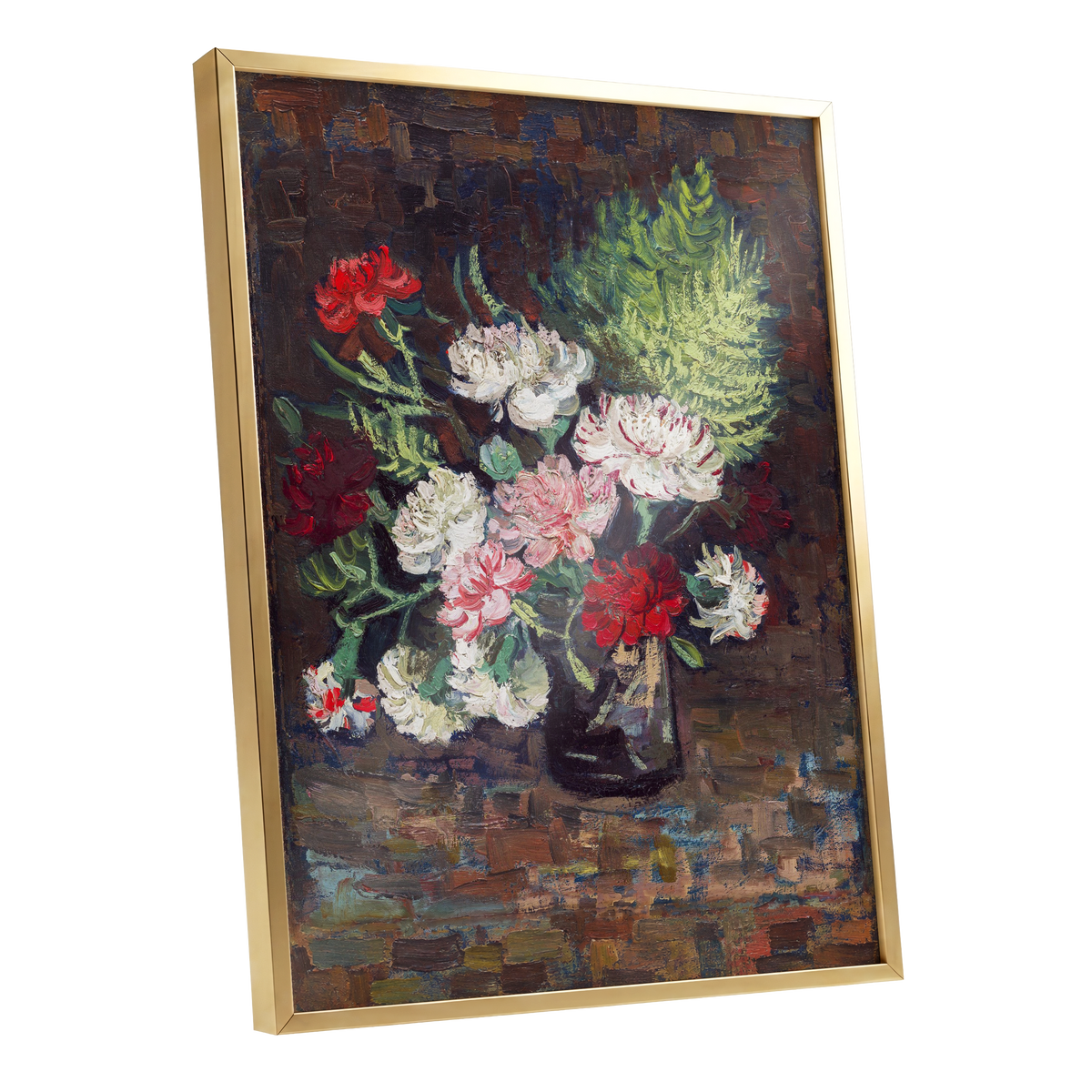 Petals After Dusk, brown, green, red floral wall art shown as a gold framed poster wall art print